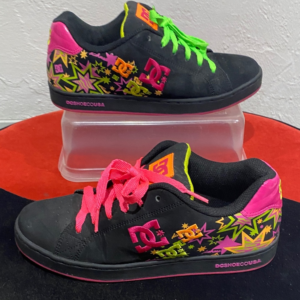 DC Women's Black Sneakers with Pink and Green Highlights